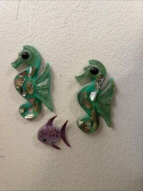 Green Decorative Seahorse Wall Pair with Iridescent Inlay and ceramic fish